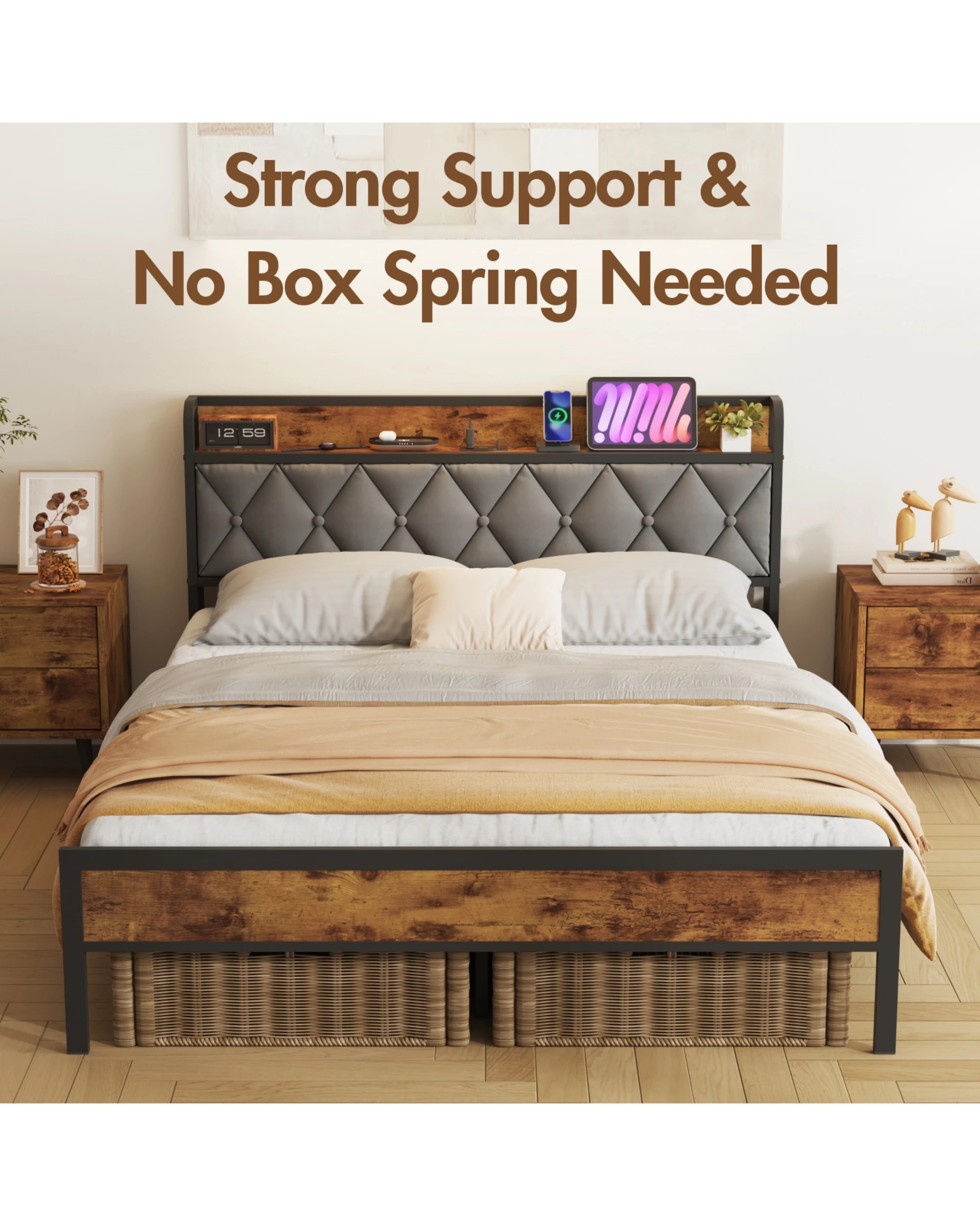6 Advwin Queen Bed Frame With Charging Station & Usb Ports Storage Tufted Headboard Shelf, 6 of 8