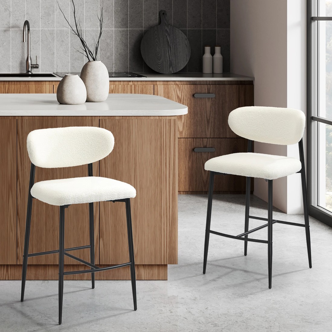 2 Oikiture 2x Bar Stools Kitchen Stool Counter Chair Boucle Fabric
 - Black, 2 of 10