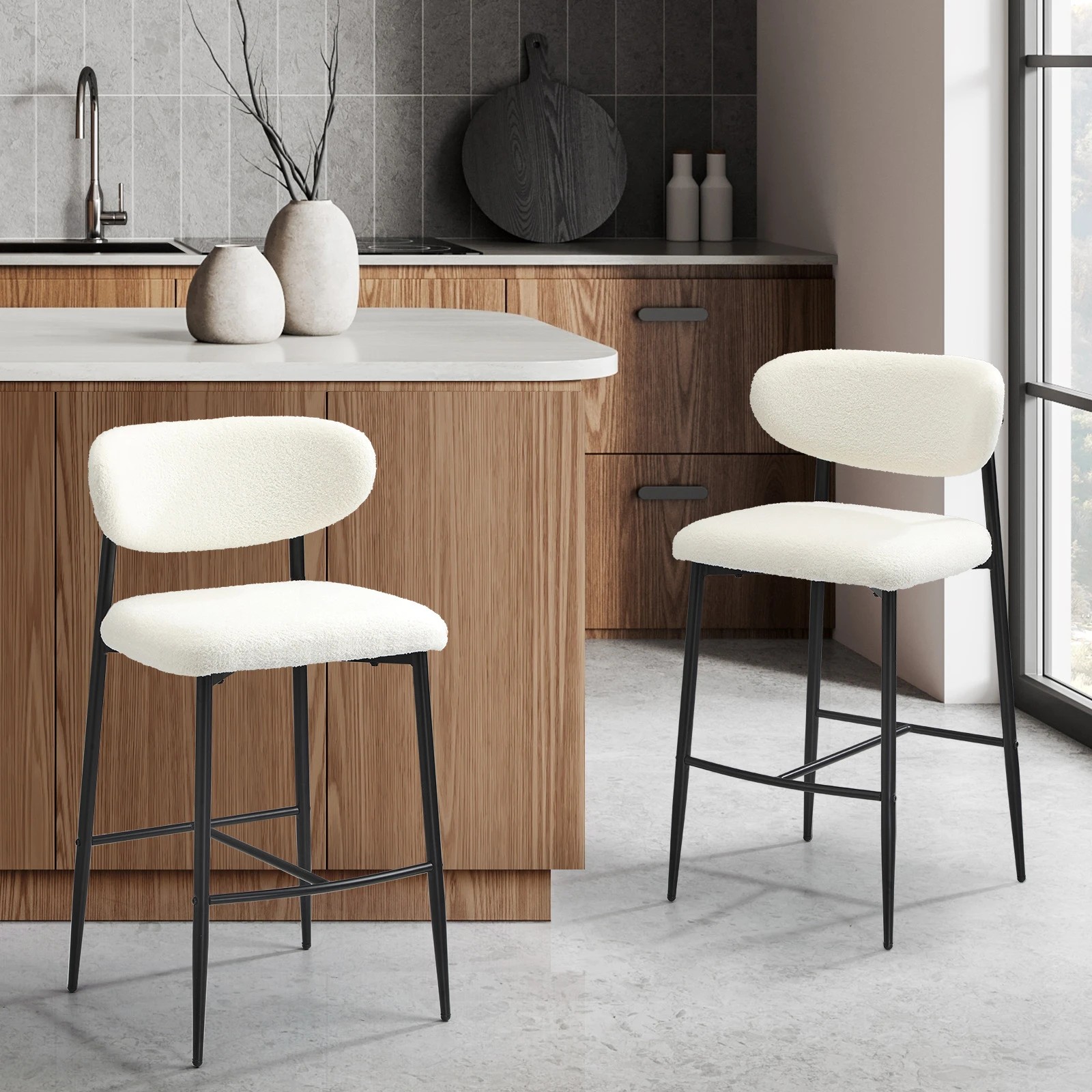 2 Oikiture 2x Bar Stools Kitchen Stool Counter Chair Boucle Fabric
 - Black, 2 of 10