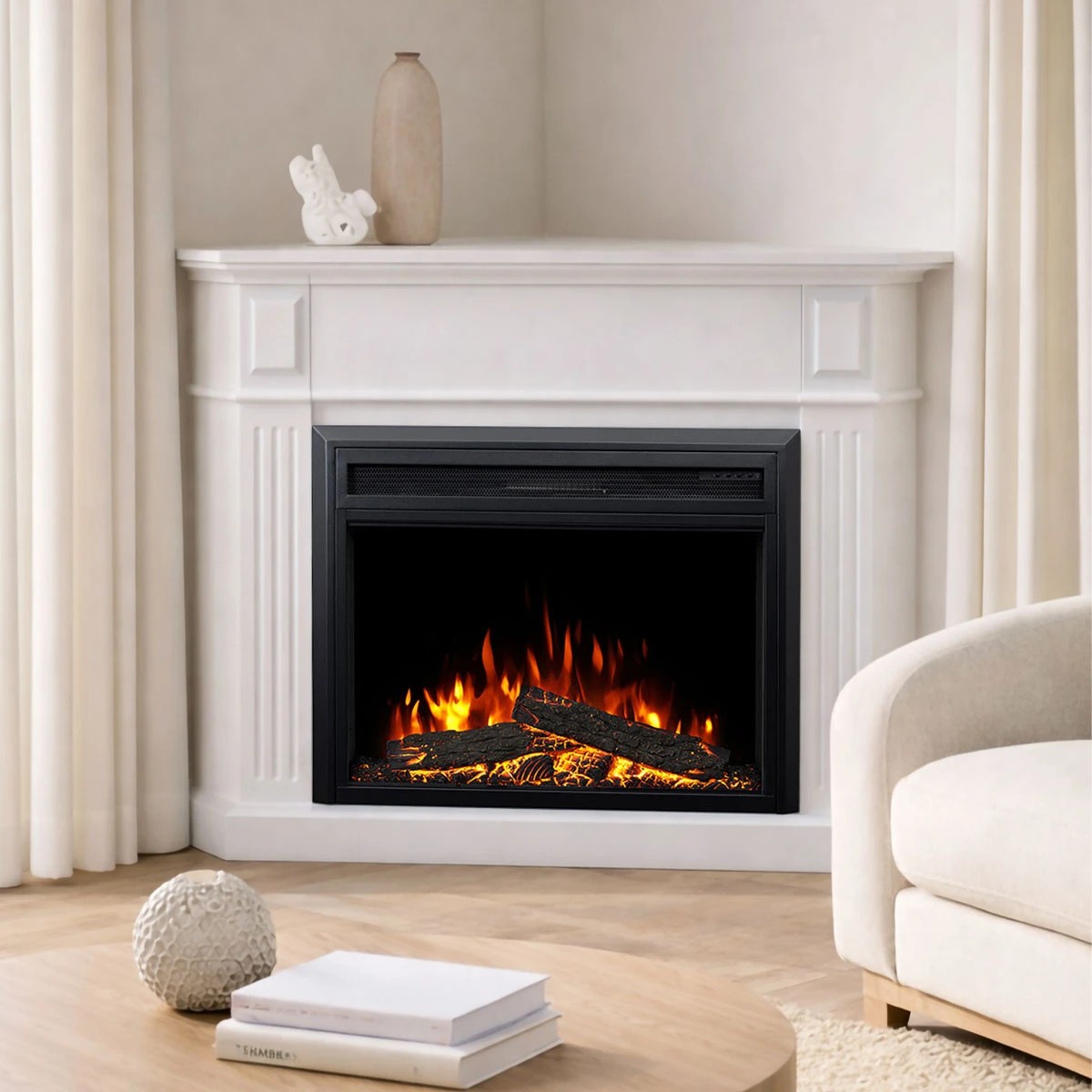1 Moda Living Rene White Corner Mantel Electric Fireplace Suite with Moonlight Insert - White, 1 of 4