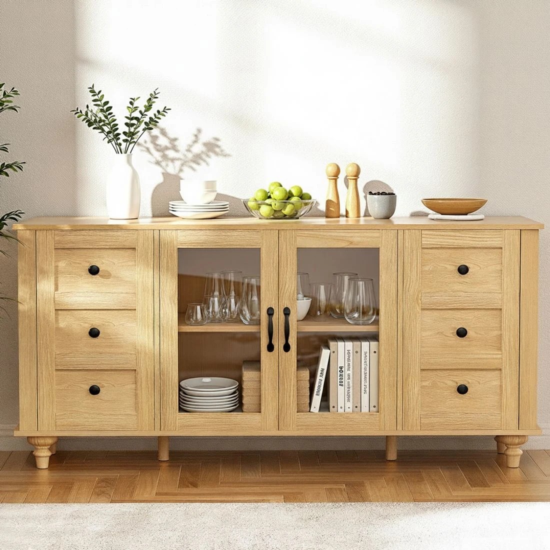5 Artiss Buffet Sideboard Storage Cabinet Kitchen Cupboard Faux Drawer 150CM Pine - Pine, 5 of 7