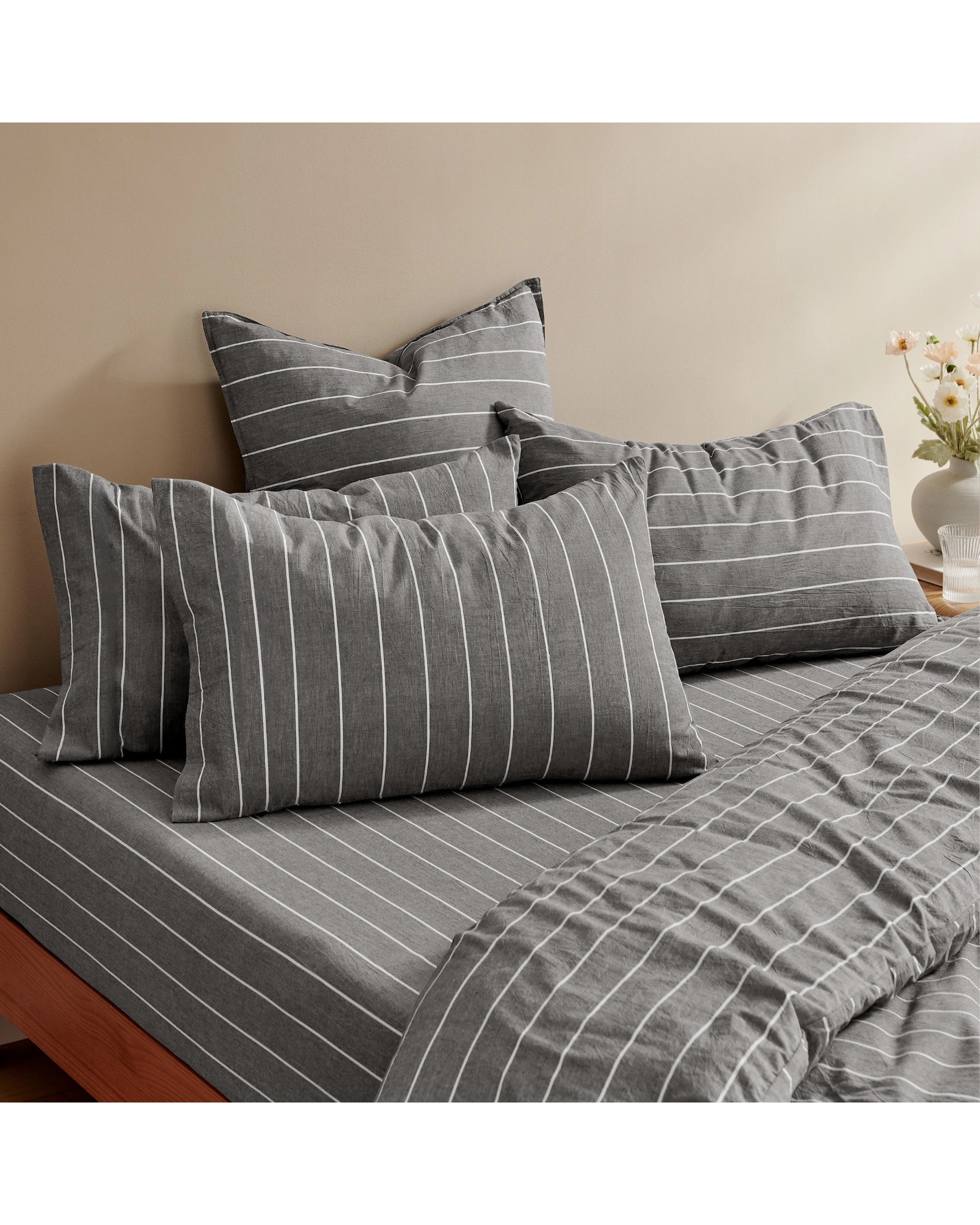 6 Dreamaker Rumi Stripe Washed Cotton Reversible Quilt Cover Set - King Single Bed - Graphite with White, 6 of 6