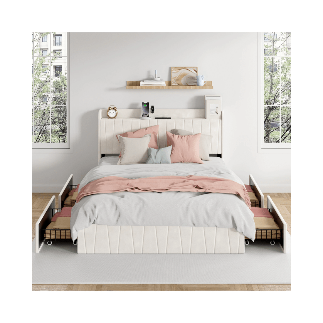 2 Advwin Queen Bed Frame With 4 Storage Drawers & Charging Station Biege, 2 of 7