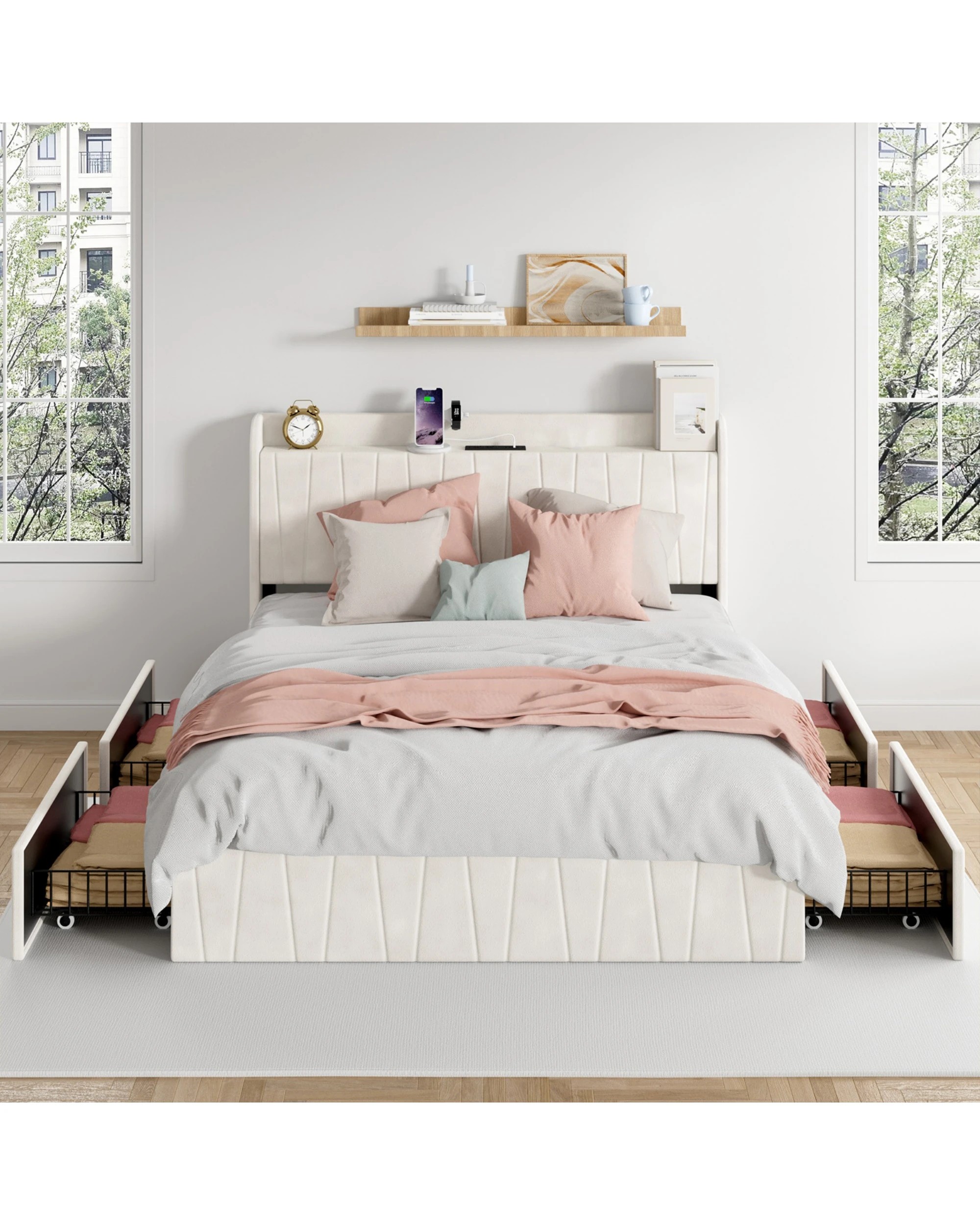 2 Advwin Queen Bed Frame With 4 Storage Drawers & Charging Station Biege, 2 of 7