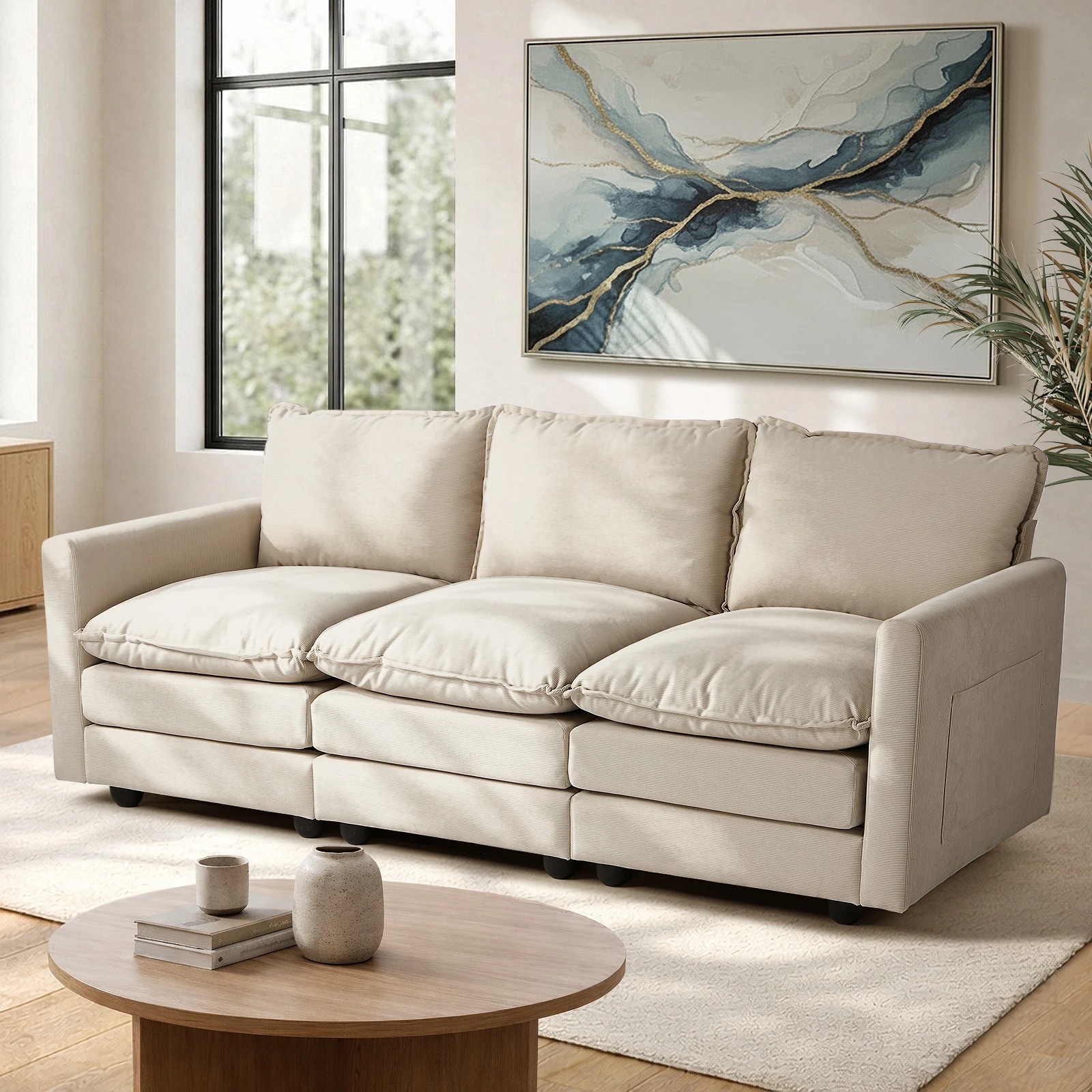 3 Oikiture Sofa Futon Lounge Couch Corduroy - Beige, 3 of 10