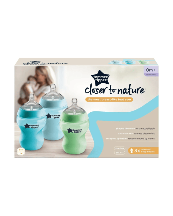 3 Pack Tommee Tippee Closer To Nature Coloured Baby Bottles