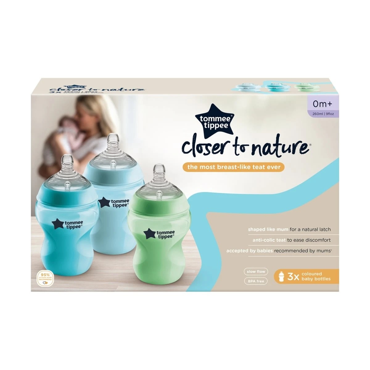 1 3 Pack Tommee Tippee Closer To Nature Coloured Baby Bottles, 1 of 7