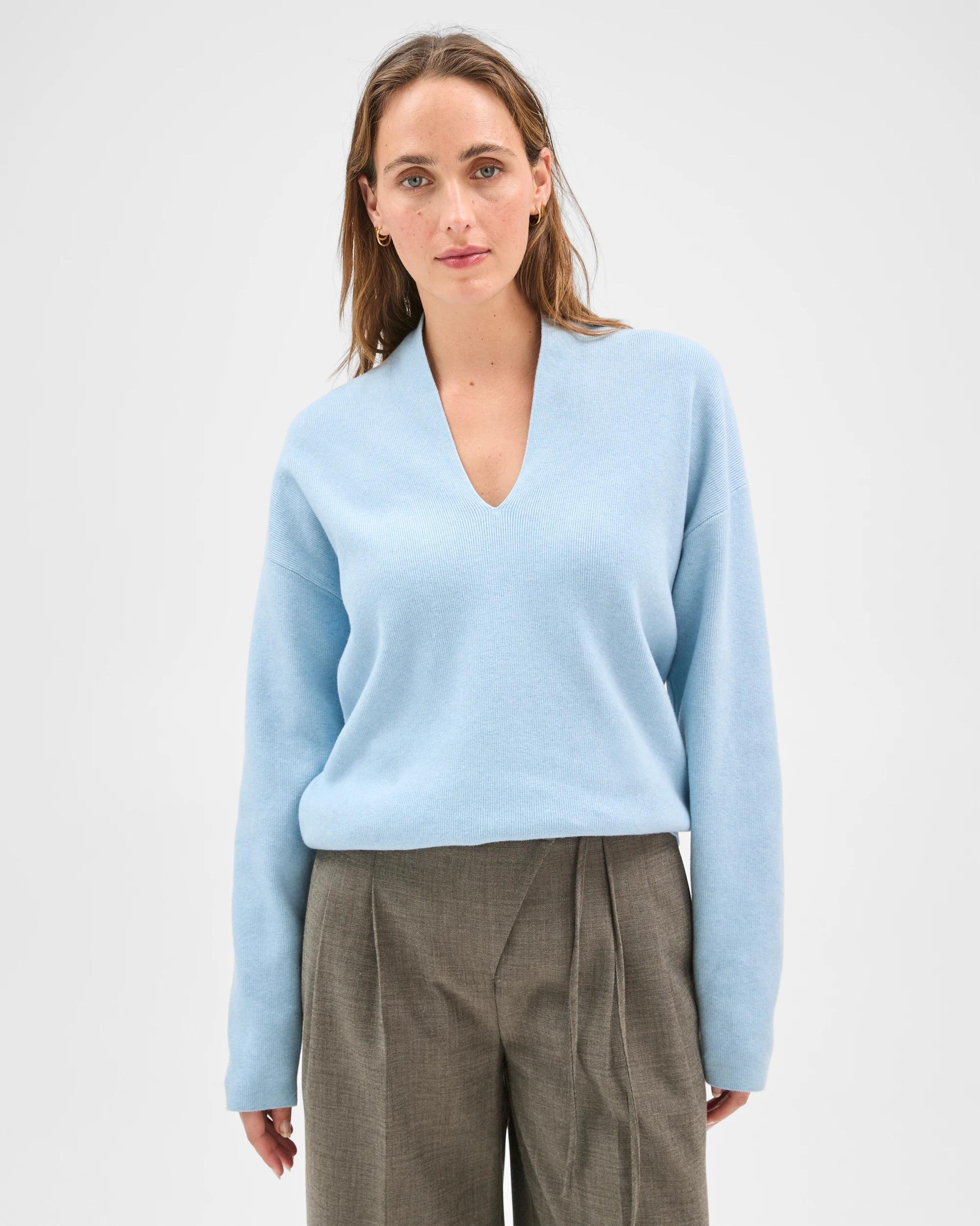1 Preview Australian Cotton Blend Long Sleeve Deep V-Neck Jumper BLUE MIST, 1 of 7