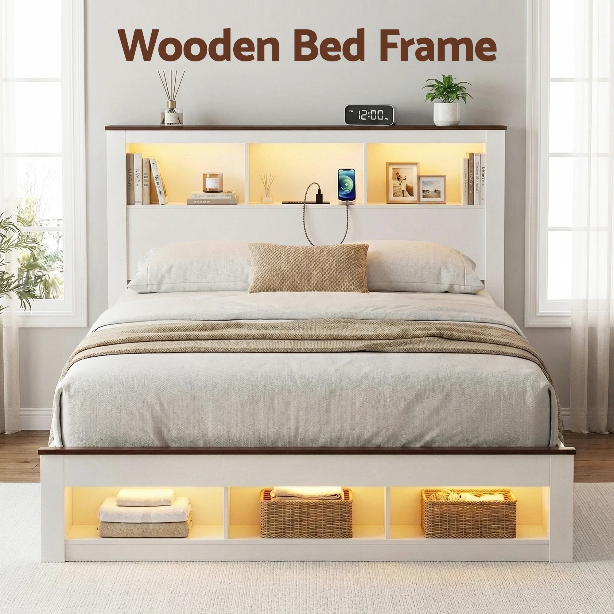 4 Artiss Queen Bed Frame with Storage Bookcase Headboard and Footboard - White, 4 of 7