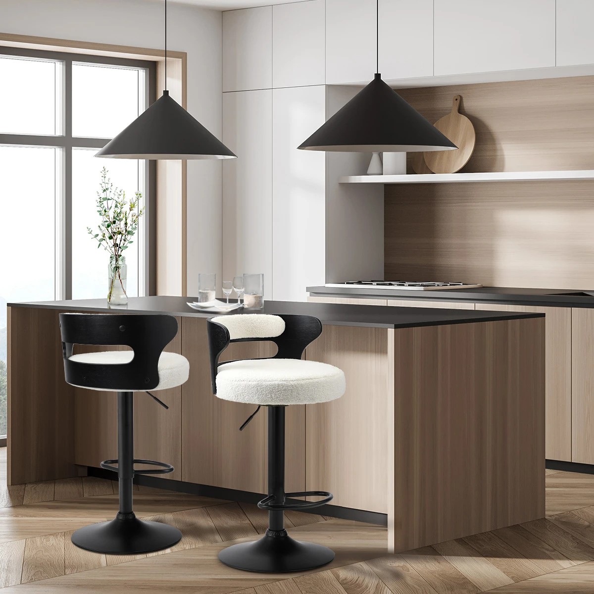 3 Oikiture 2x Bar Stools Kitchen Gas Lift Swivel Chairs Stool Wooden Boucle
 - White, 3 of 9