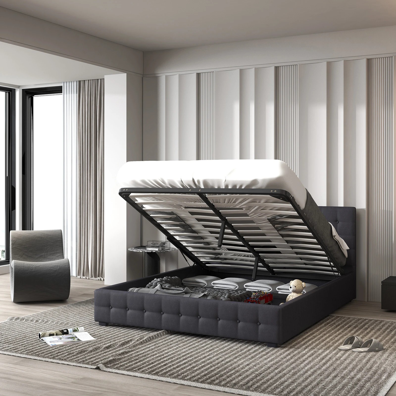 3 Milano Decor Eden Gas Lift Bed With Headboard Platform Storage Fabric - King Bed - Grey, 3 of 10