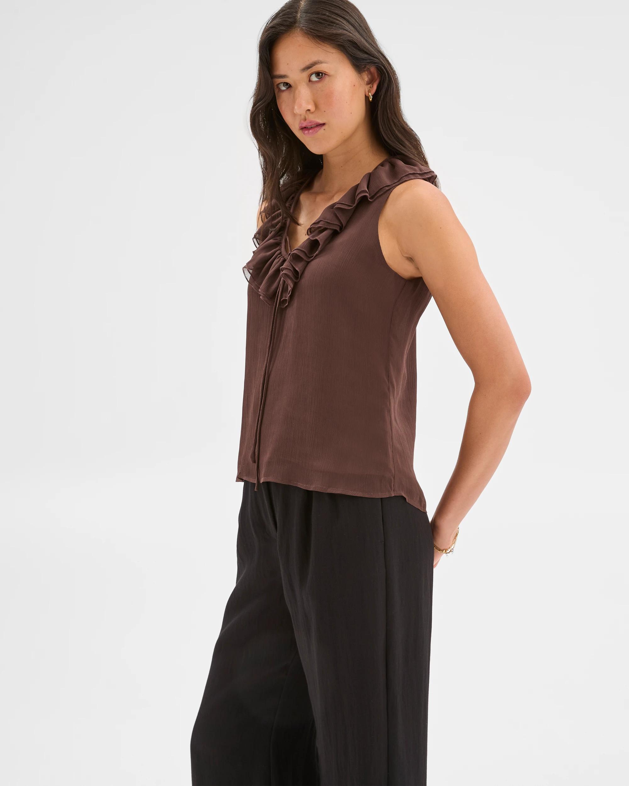 3 Sleeveless Ruffle Blouse - Preview BITTER CHOCOLATE, 3 of 6