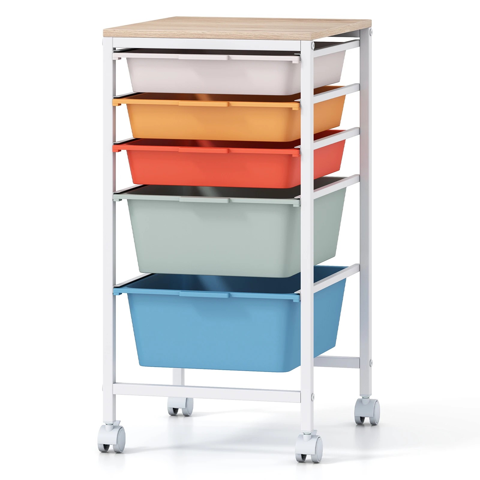 1 Costway 5-Drawer Rolling Storage Cart Mobile Utility Organizer w/Wooden Tabletop - Multi, 1 of 6
