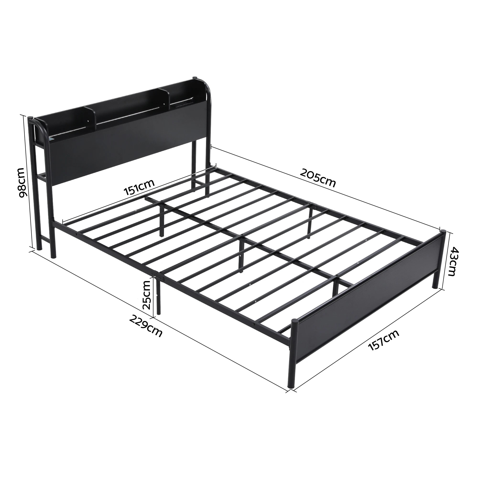 2 Artiss Bed Frame Queen Size with Storage Shelf Headboard Charging Station GRID - Black, 2 of 7