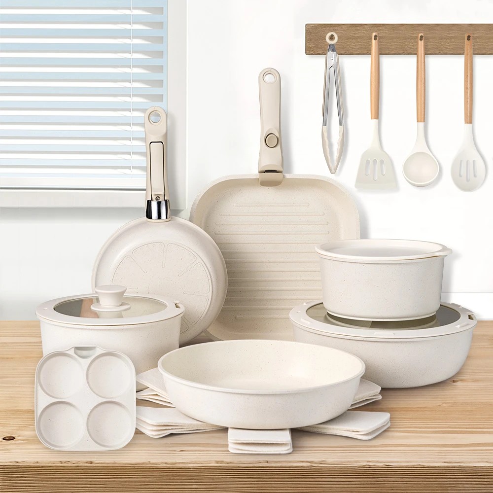 2 ZUNI 25PCS Nonstick Cookware Pots & Pans Set Granite with Removable Handle - White, 2 of 2
