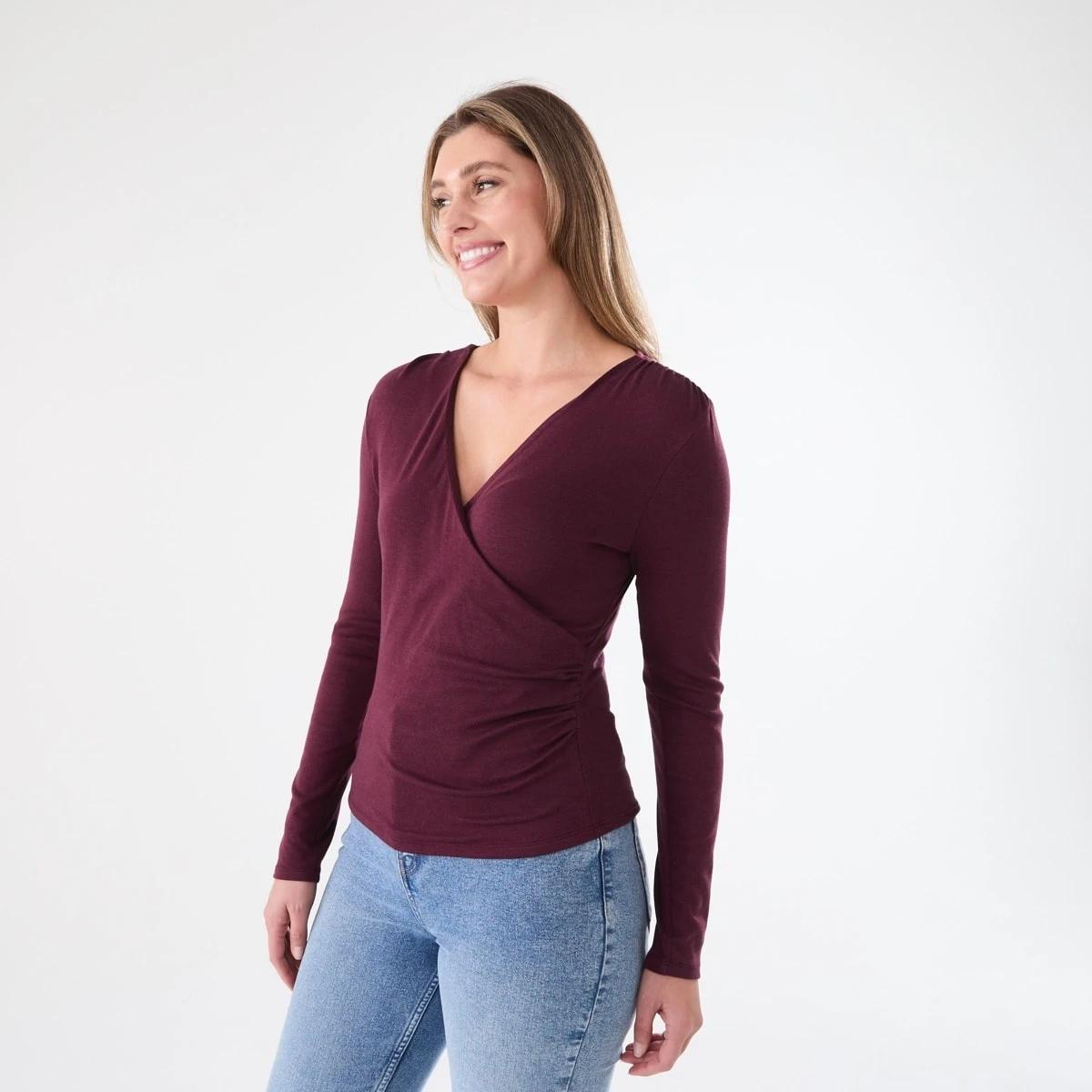2 Long Sleeve Ruched Wrap Top Burgundy, 2 of 5