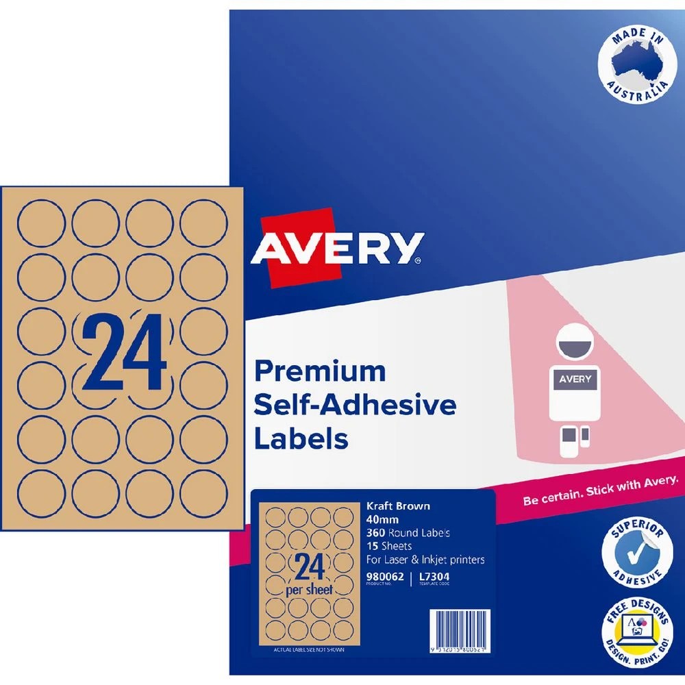 1 Avery 24UP Inkjet/Laser Kraft Recycled Round Labels 15 Pack, 1 of 2