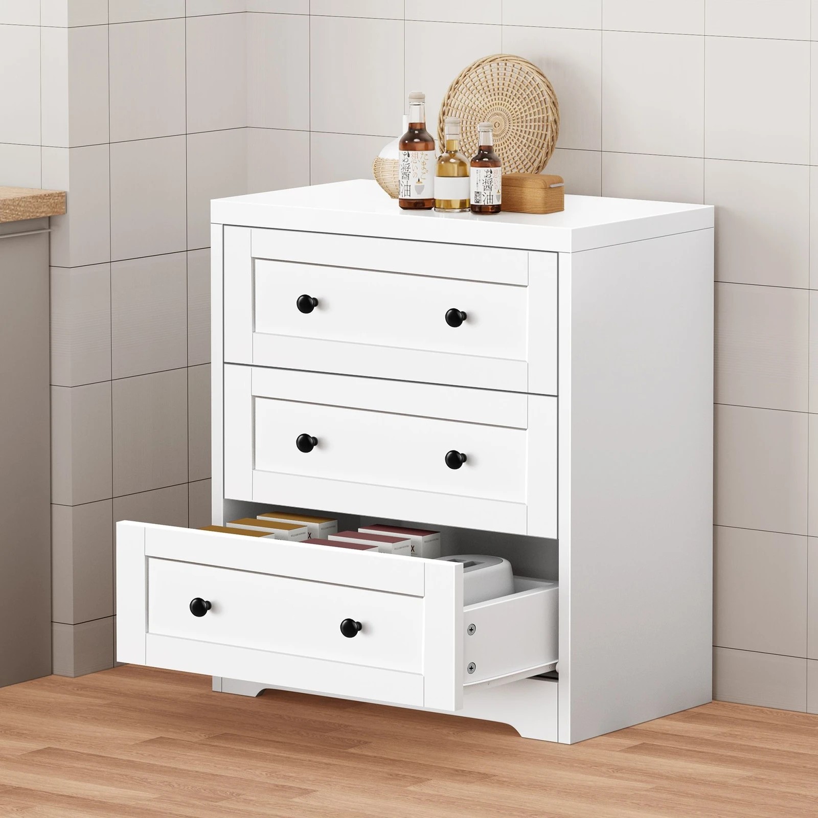 3 Alfordson Chest of Drawers 3 Drawer Storage Cabinet Bedside Table Hamptons - White, 3 of 9