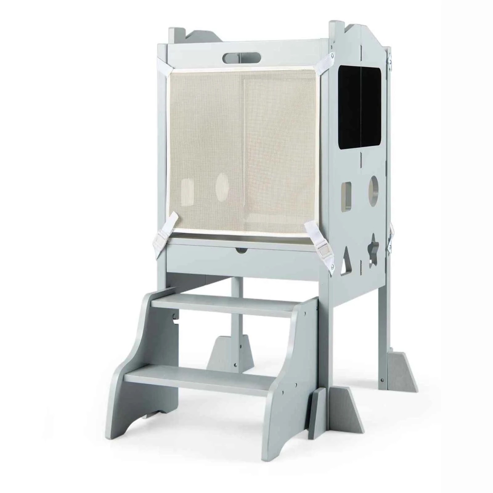1 Costway Foldable Tower 3 Mode Step Stool Wood Standing Kitchen Tower - Grey, 1 of 2