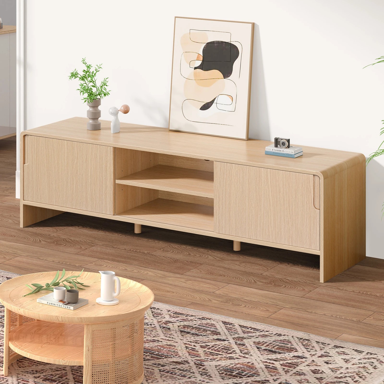 6 Alfordson TV Cabinet Entertainment Unit Stand 150cm Storage Sliding Doors - Oak, 6 of 10
