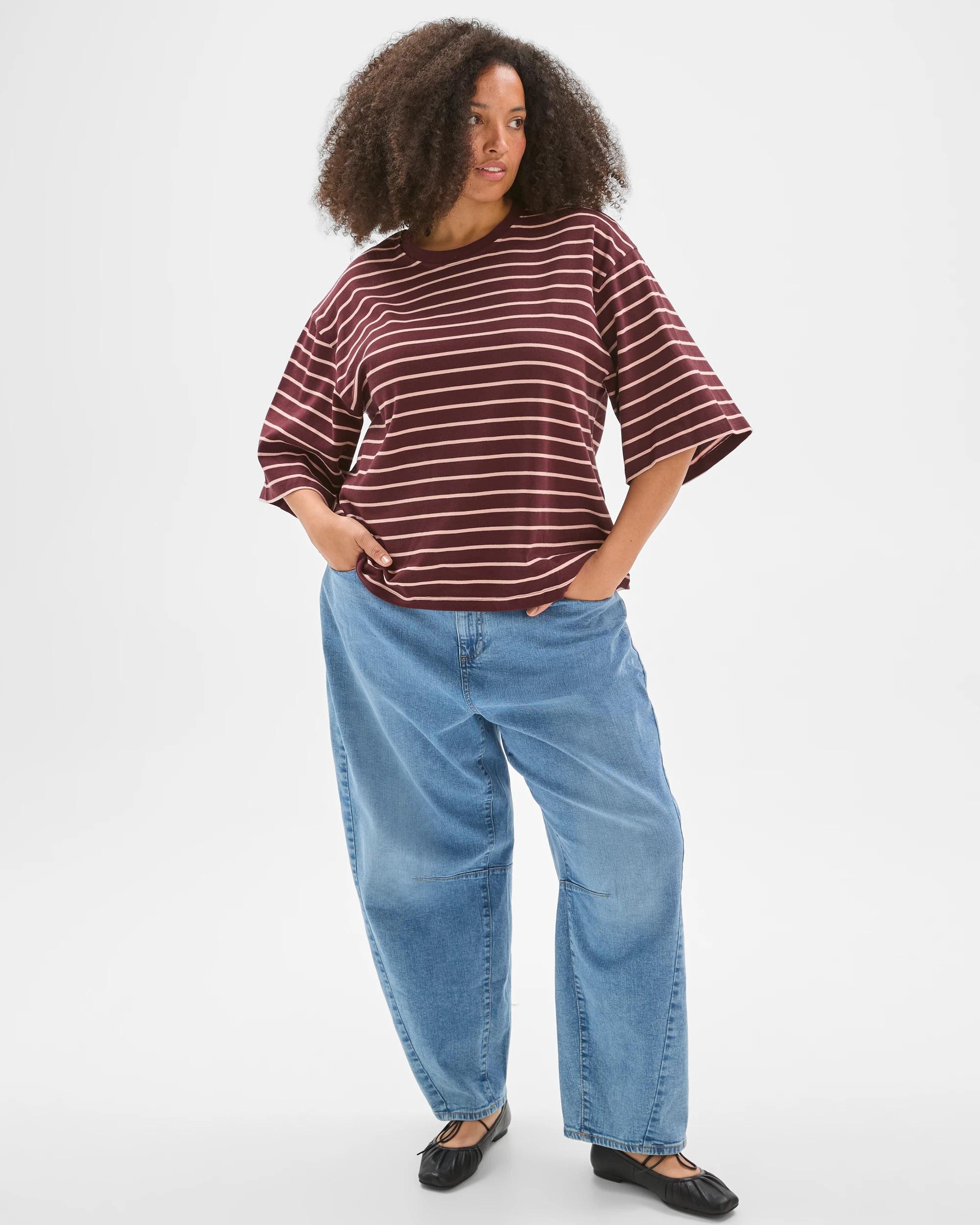 2 Target Curve Plus Size Australian Cotton Wide Sleeve Boxy T-Shirt BURGUNDY/SOFT BLUSH STRIPE, 2 of 9