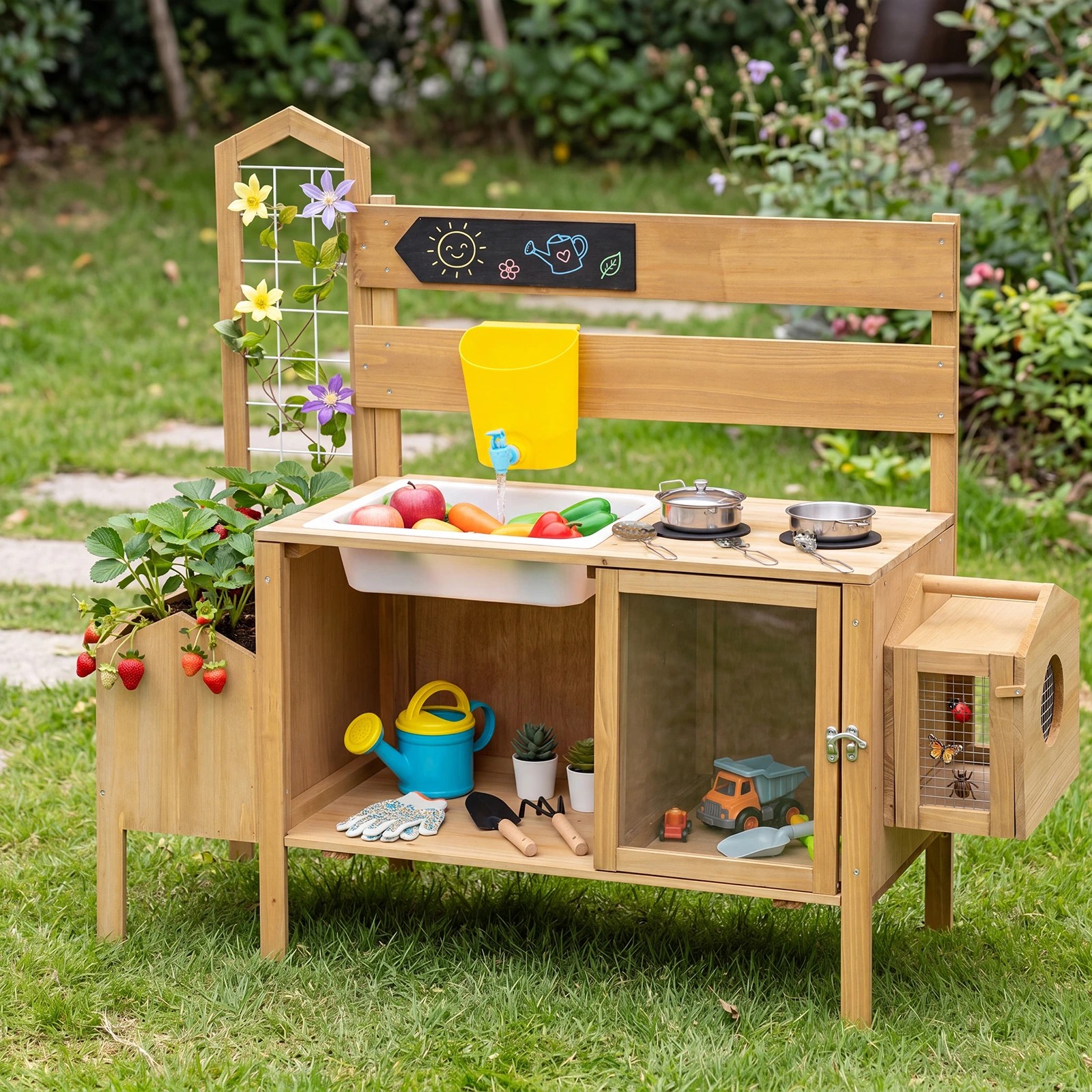 3 Costway Mud Kitchen Pretend Play Kitchen Outdoor Wooden Playset Detachable Bird Cage - Natural, 3 of 4