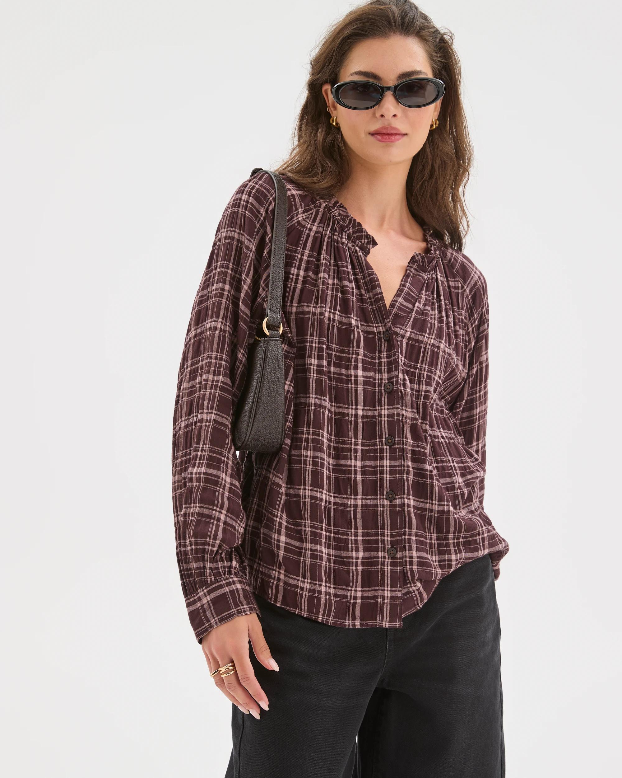 1 Target Petites Petites Long Sleeve Tie Cuff Blouse CHOCOLATE PLUM CHECK, 1 of 7