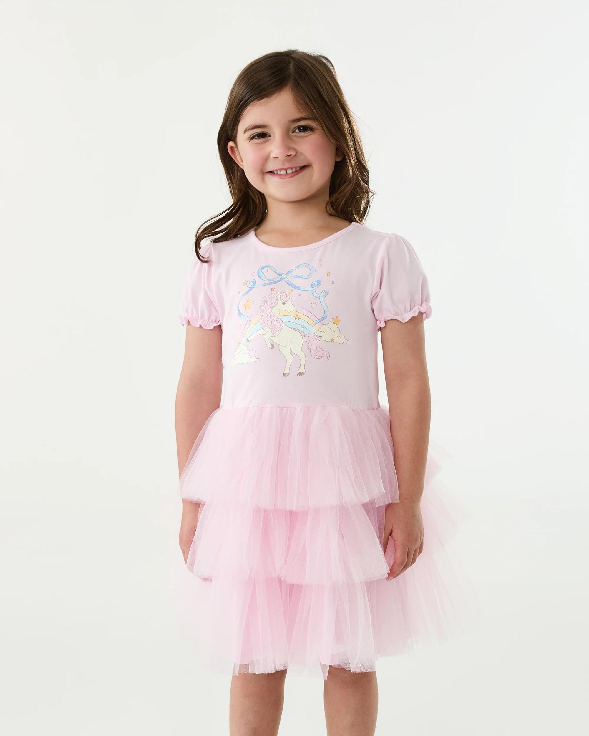 1 Short Sleeve Tiered Tutu Dress Pnk Uncrn, 1 of 7