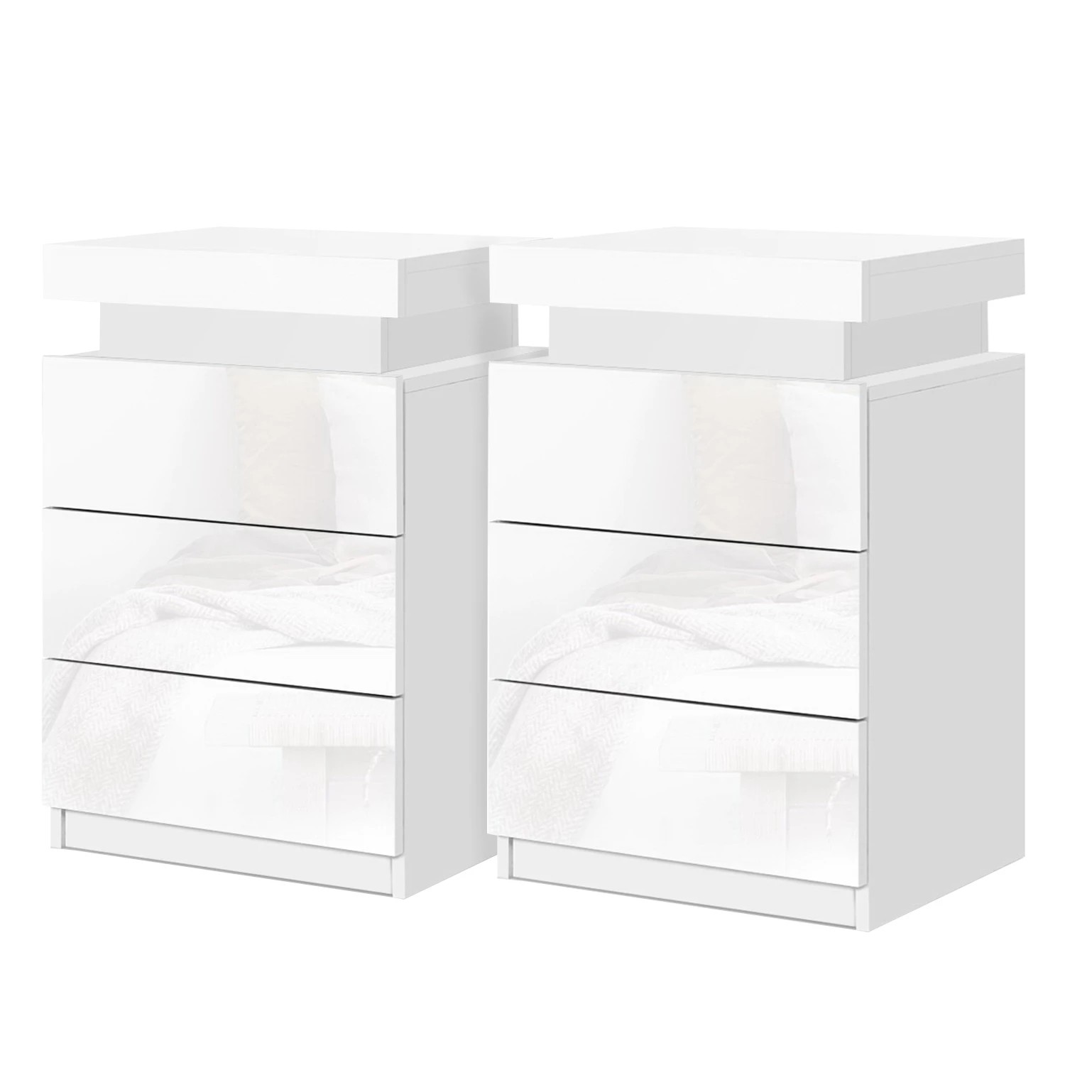 1 Artiss 2X Bedside Table LED 3 Drawers - White, 1 of 8