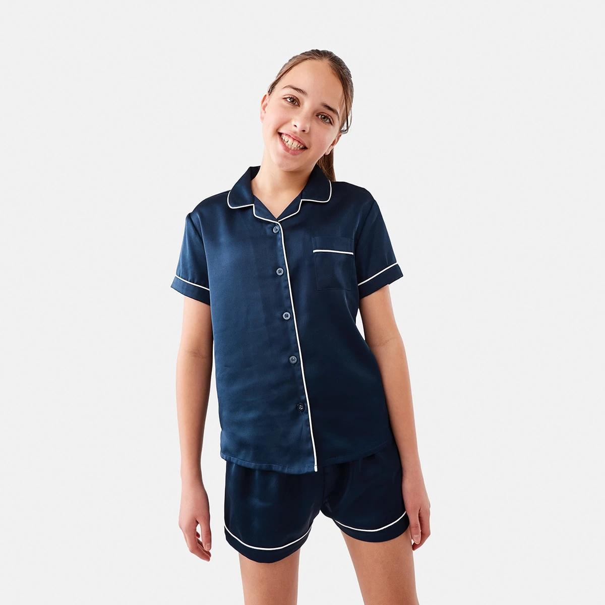 1 Short Sleeve Top and Shorts Satin Pyjama Set Dress Navy, 1 of 10