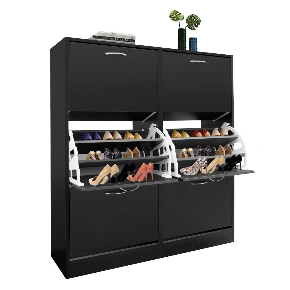 1 Ausway Wood Shoe Cabinet 54 Pairs Shoe Rack Black with 6 Compartments, 1 of 5