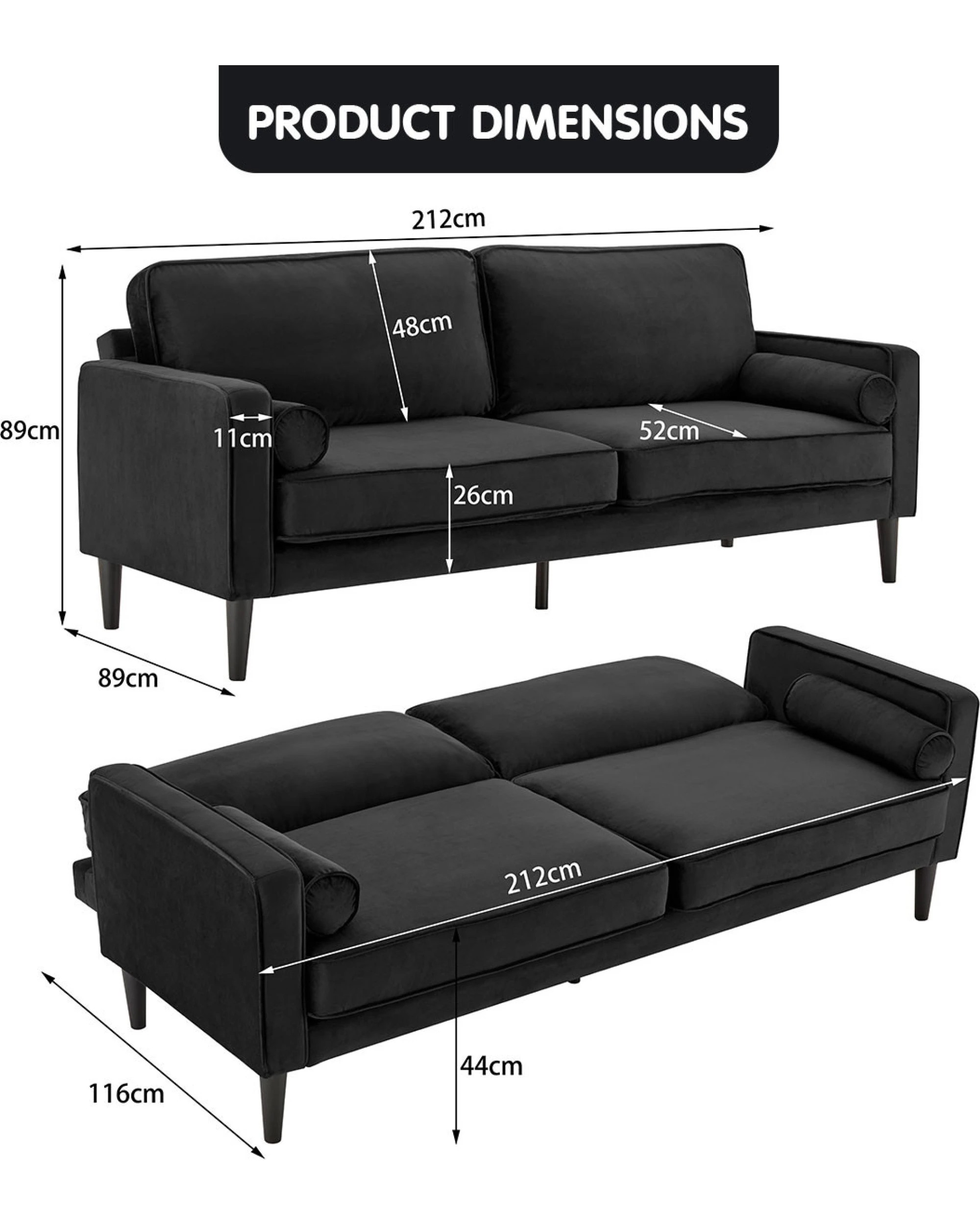 6 Sarantino Faux Velvet Sofa Bed Couch Furniture Lounge Suite - Black, 6 of 9