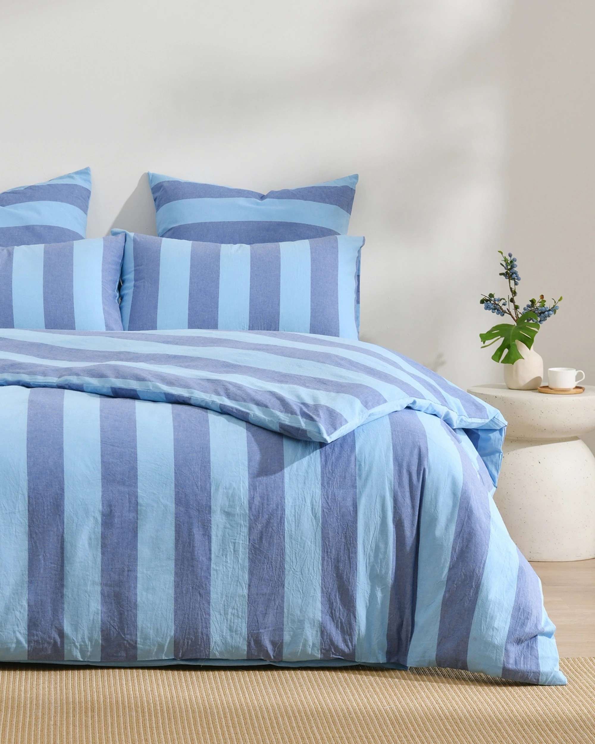 1 Dreamaker Bowie Washed Cotton Yarn Dyed Stripe Quilt Cover Set - Double - Blue, 1 of 8