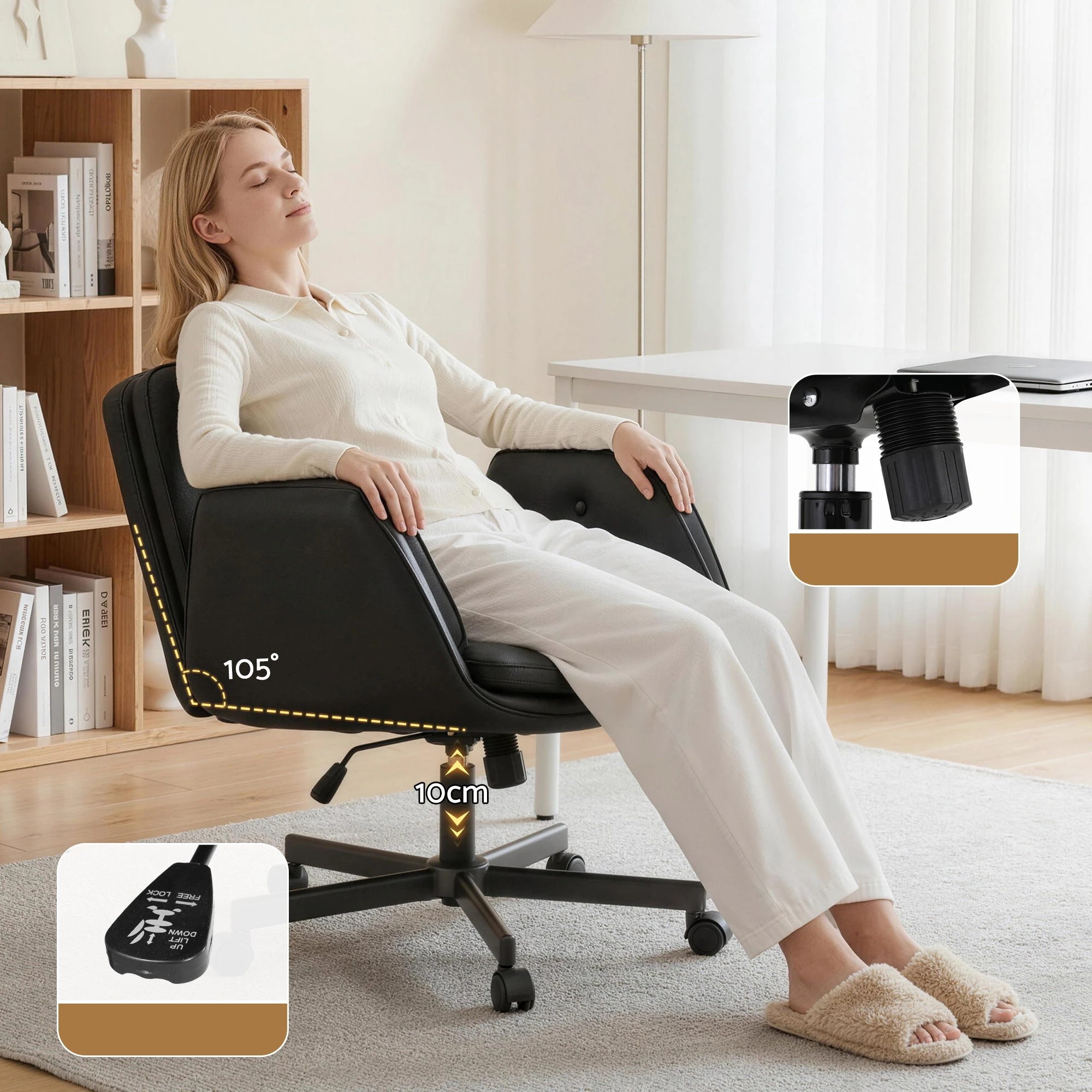 7 Artiss Criss Cross Legged Office Chair PU with Wheels & Adjustable Armrests - Black, 7 of 10