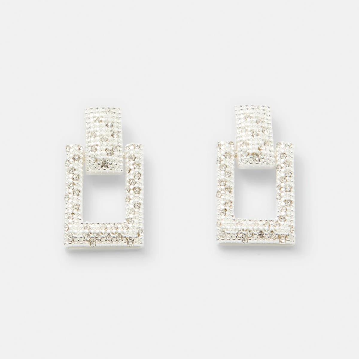 1 Square Diamante Drop Earrings - Silver Tone Silver, 1 of 4