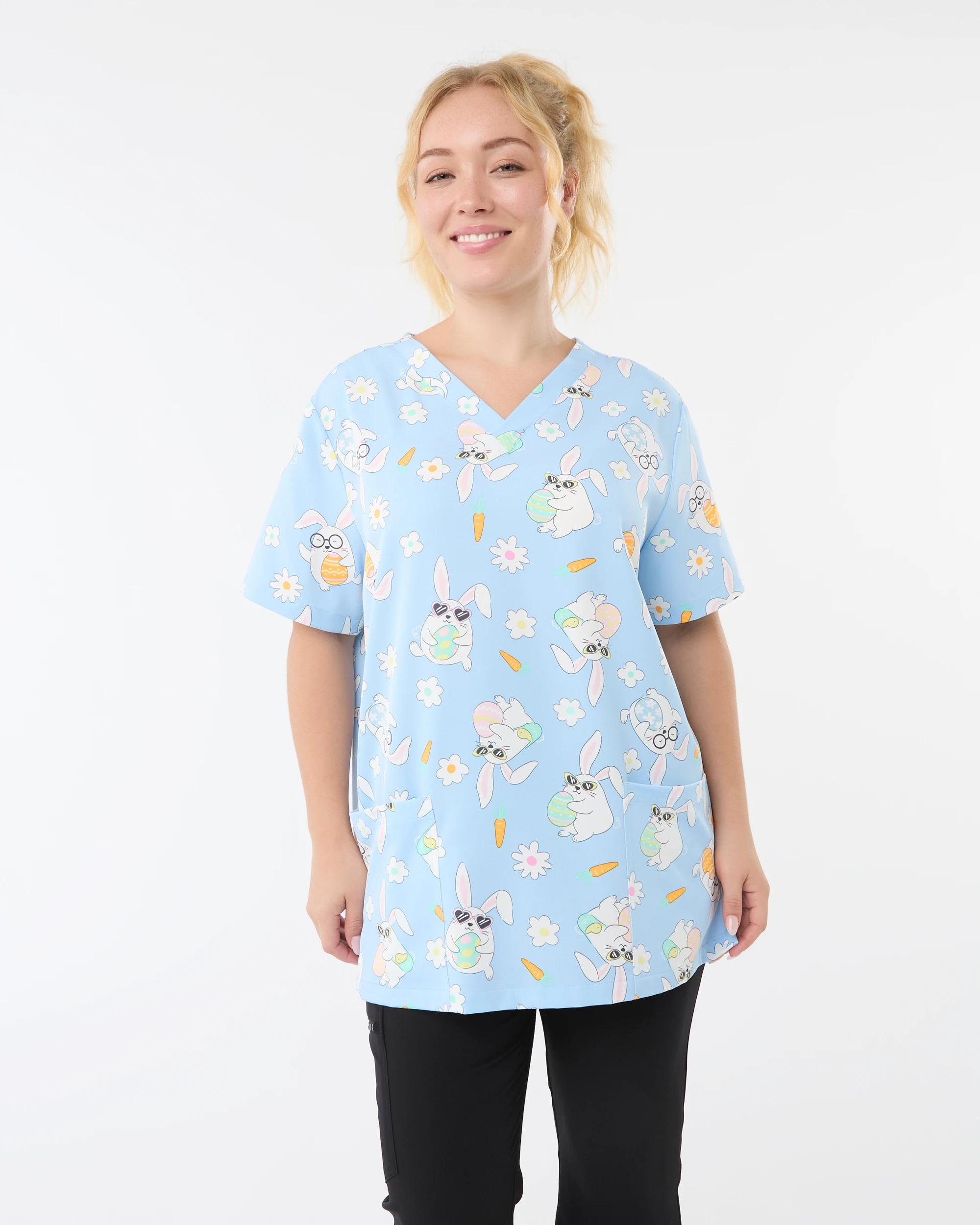 1 Work Short Sleeve Print Scrub Top Blu Easter, 1 of 10