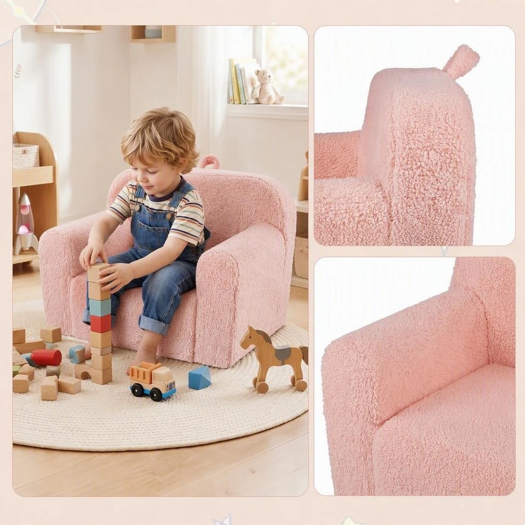 3 Costway Foam Couch Teddy Fleece Fabric Sofa Cute Reading Chair w/Handle - Pink, 3 of 8