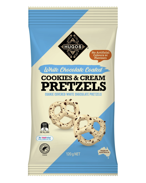 Hugos White Chocolate Coated Cookies & Cream Pretzels 120g