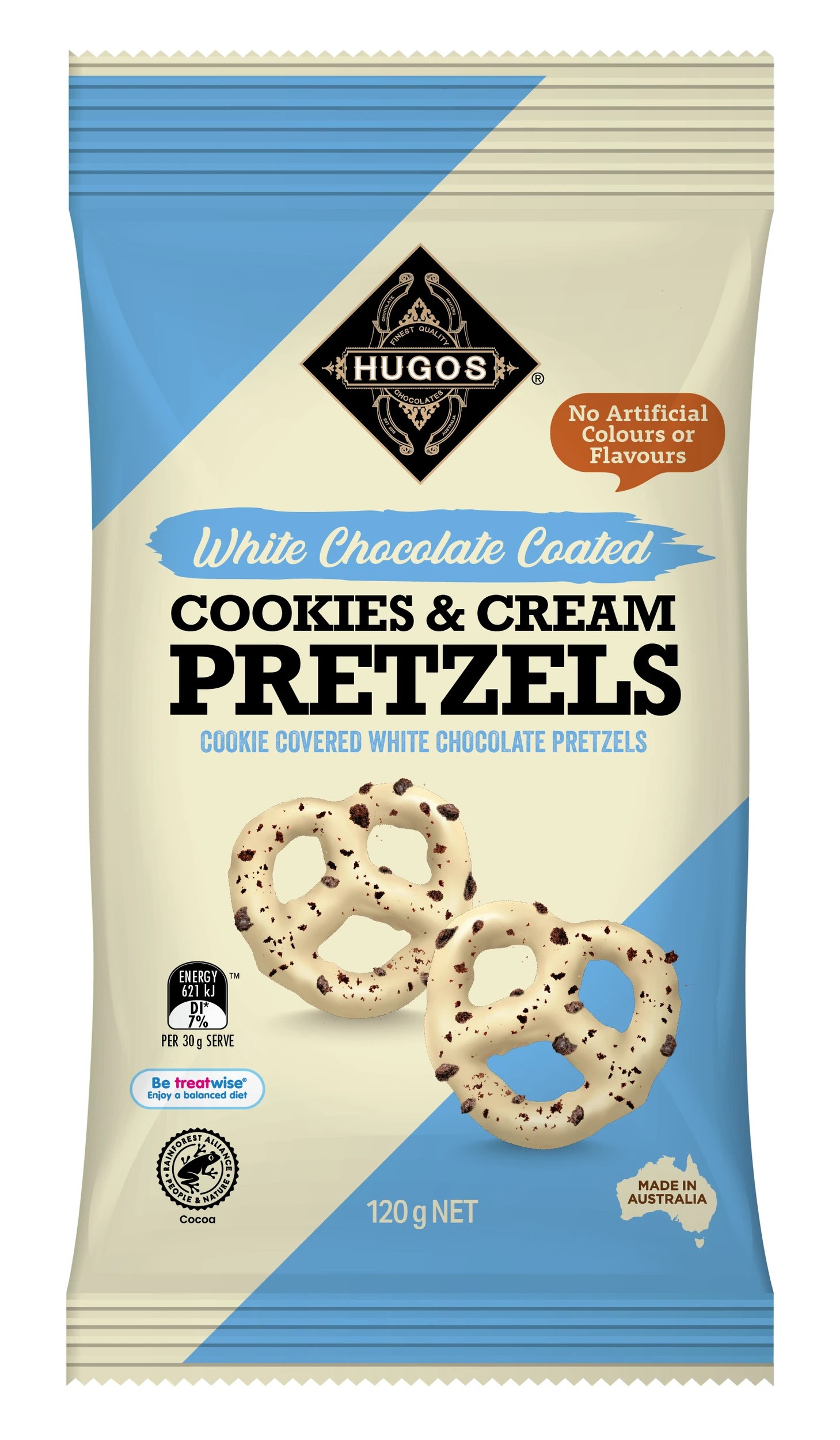 1 Hugos White Chocolate Coated Cookies & Cream Pretzels 120g, 1 of 2