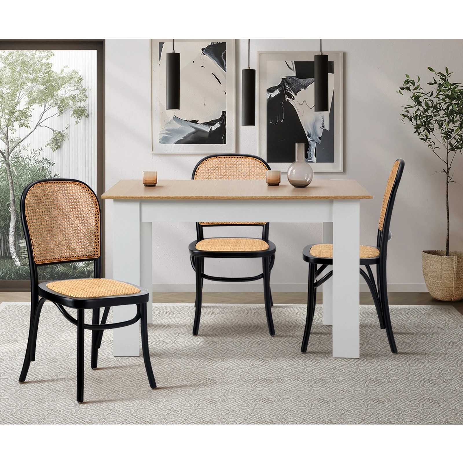 3 Oikiture Dining Chairs Wooden Chairs Rattan Accent Chair - Black, 3 of 9