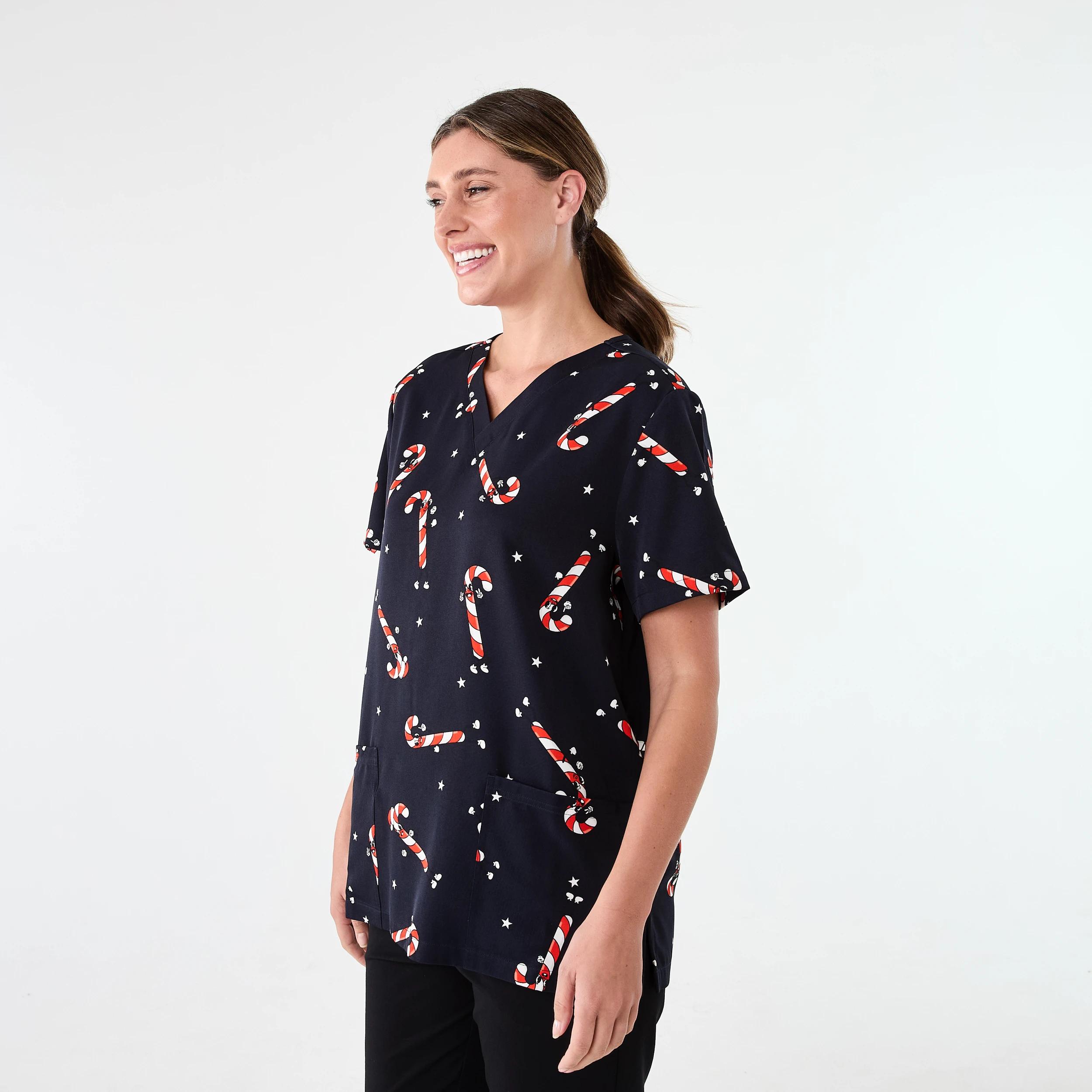 2 Workwear Short Sleeve Christmas Scrub Top DANCING CANDY CANES, 2 of 8
