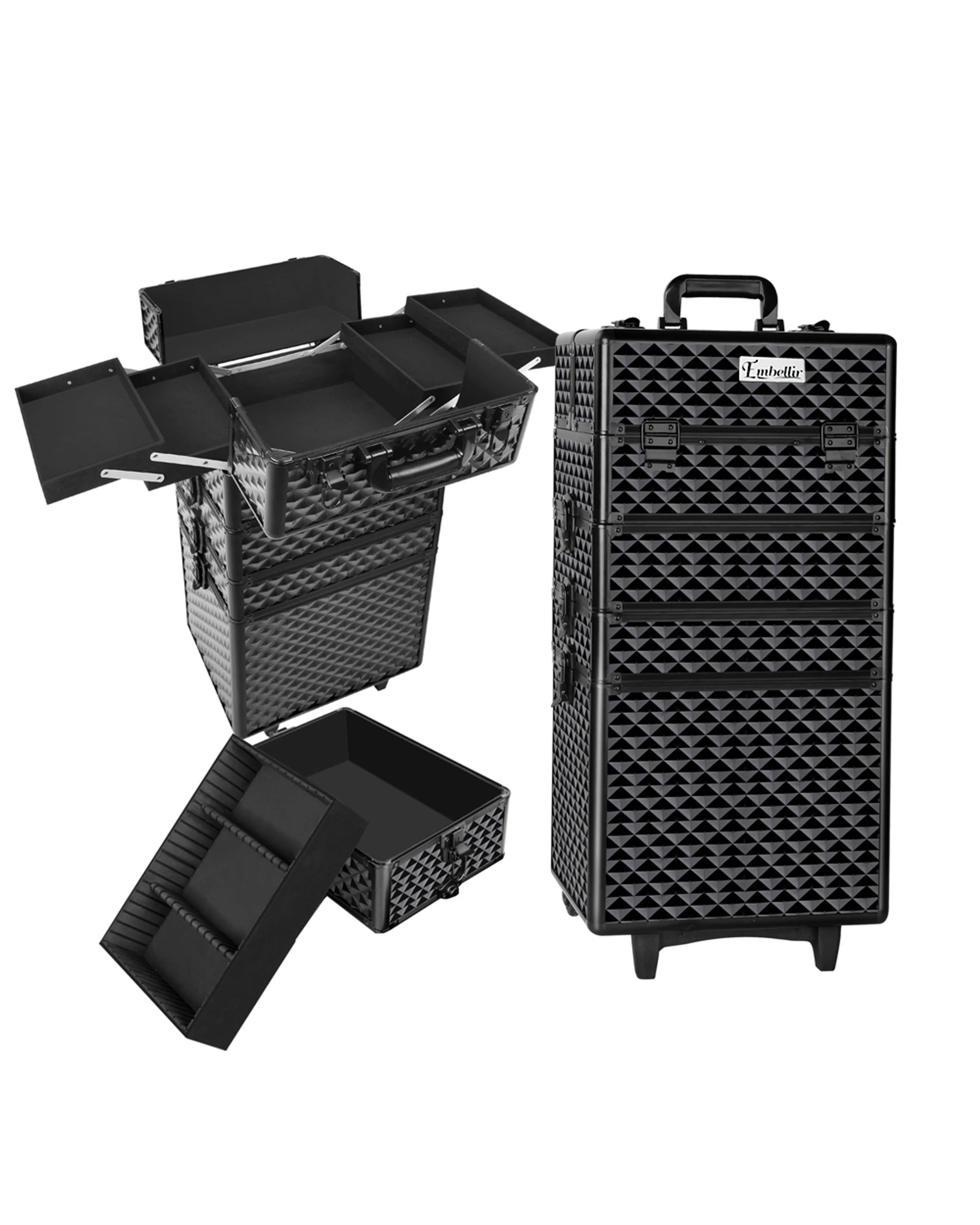 1 Embellir Makeup Case Beauty Trolley Cosmetic Organiser Box Travel Wheels Diamond - Black, 1 of 8