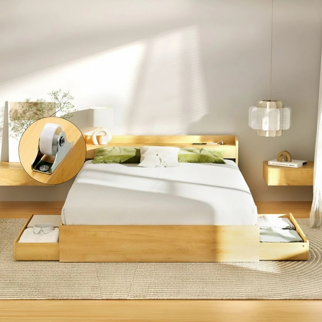 5 Artiss Bed Frame Queen Size with Charging Ports and 2 Drawers - Natural, 5 of 7
