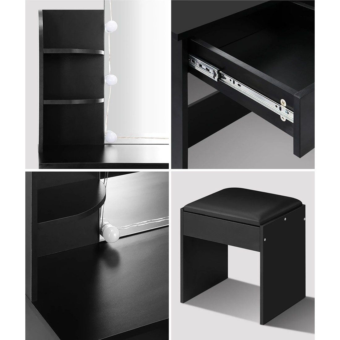 4 Oikiture Dressing Table Stool Set Makeup Mirror Storage Drawer 10led Bulbs
 - Black, 4 of 9