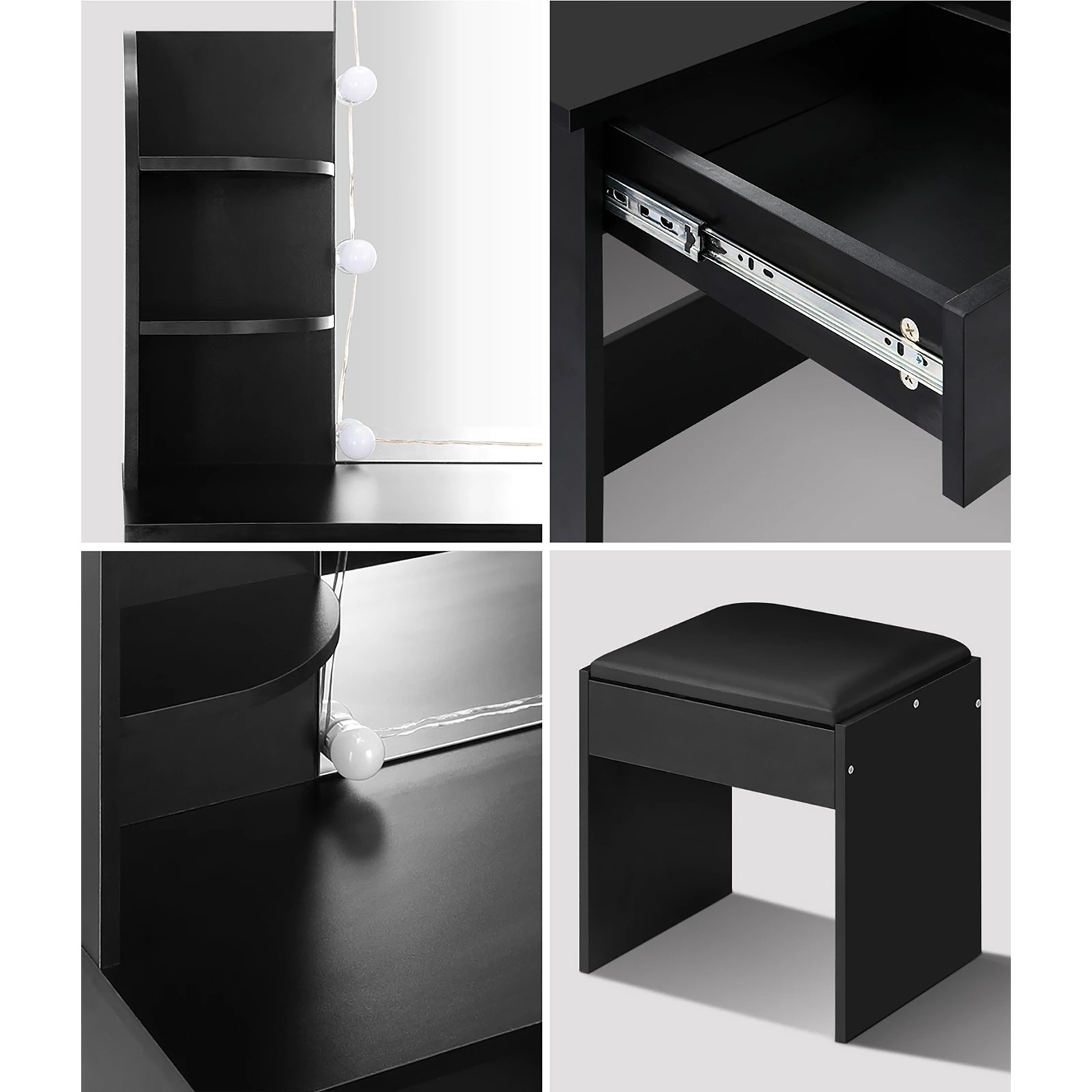 4 Oikiture Dressing Table Stool Set Makeup Mirror Storage Drawer 10led Bulbs
 - Black, 4 of 9