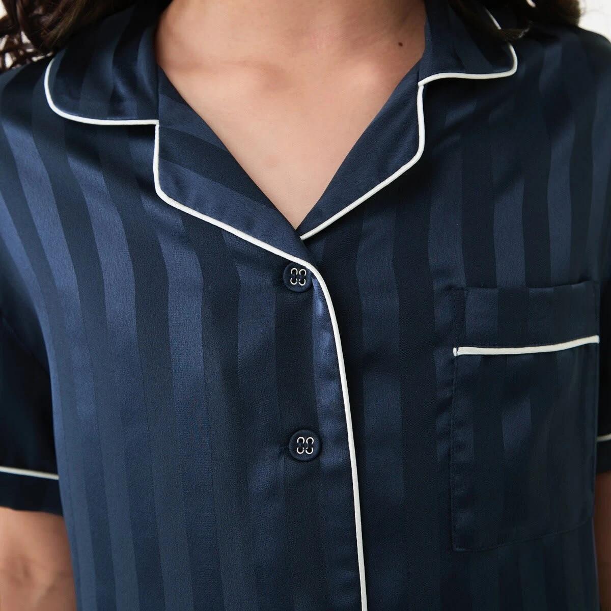 4 Short Sleeve Satin Pyjama Set JACQUARD STRIPE DEEP INDIGO, 4 of 6