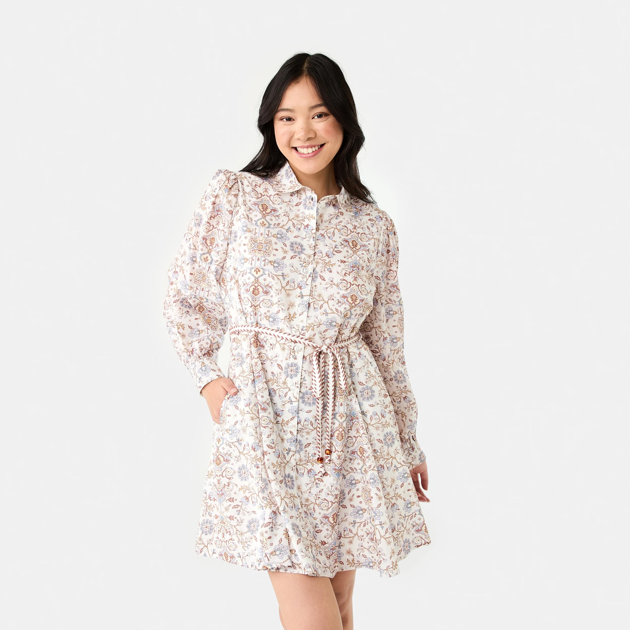 1 Long Balloon Sleeve Tie Waist Mini Dress BOHO FLORAL BRUNI BLUE, 1 of 10