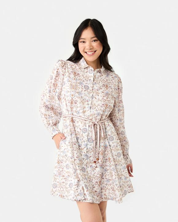 Long Balloon Sleeve Tie Waist Mini Dress