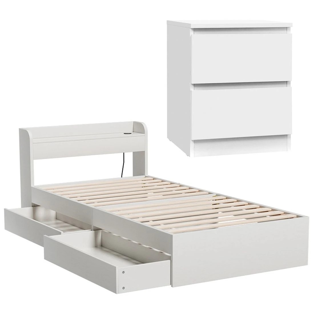 3 Artiss Single Bed Frame and Bedside Table - White, 3 of 10