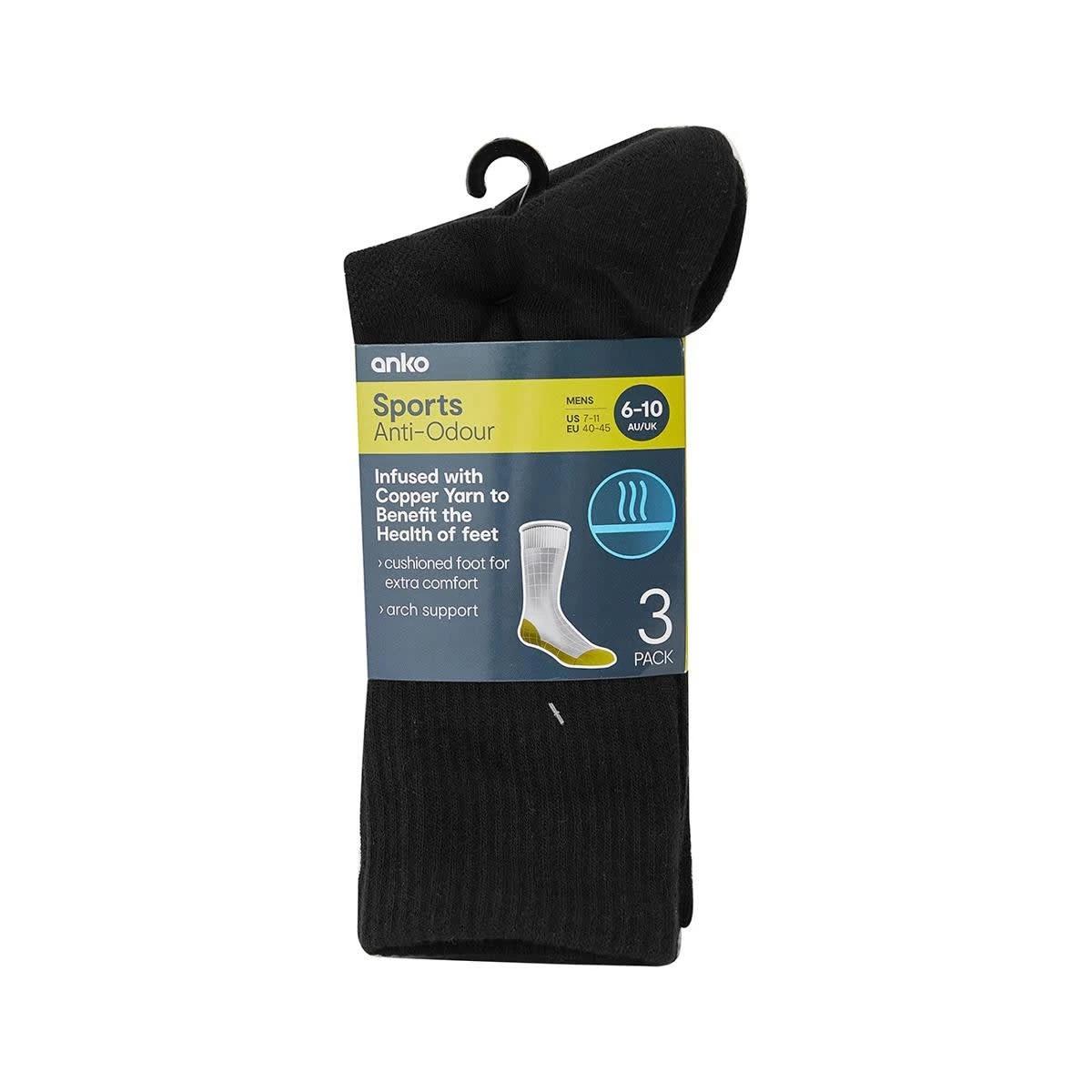 3 3 Pack Anti Odour Sport Crew Socks BLACK, 3 of 3
